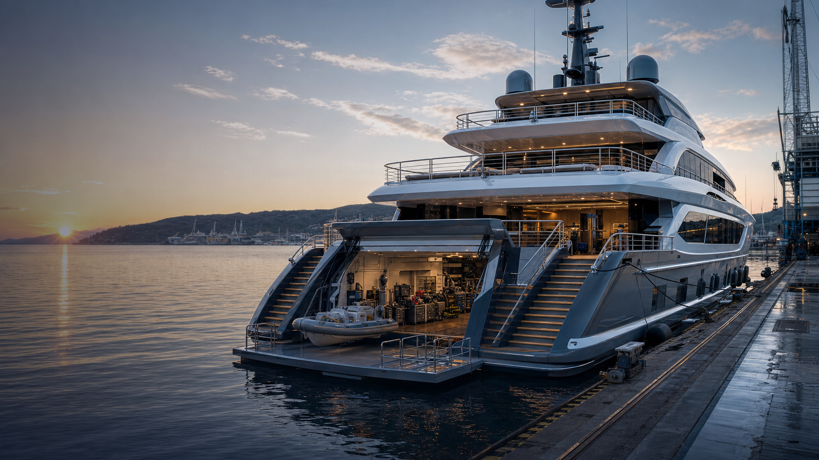 Superyacht at a shipyard quay with technical access visible