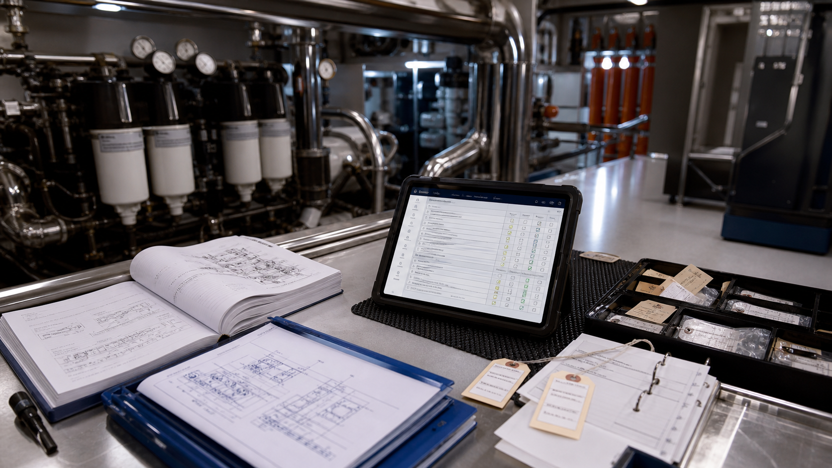 Engine room survey workbench with manuals, tablet, spares, and equipment records